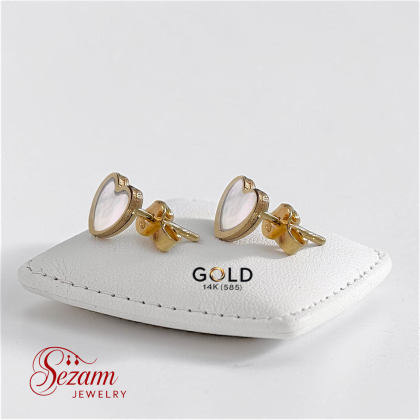 Златни обеци сърца със седеф 14К (585) на винт – Sezam Jewelry