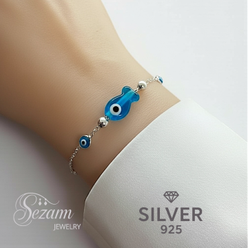 Сребърна гривна с око против уроки и синя рибка – Sezam Jewelry, Silver 925