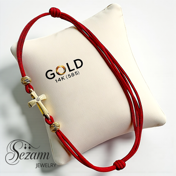 Златна гривна с червен конец и кръсче с камък  14K – Sezam Jewelry