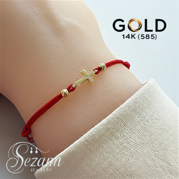 Златна гривна с червен конец и кръсче с камък  14K – Sezam Jewelry