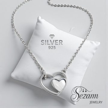 сребърен комплект 925  – колие и обеци сърце и седеф