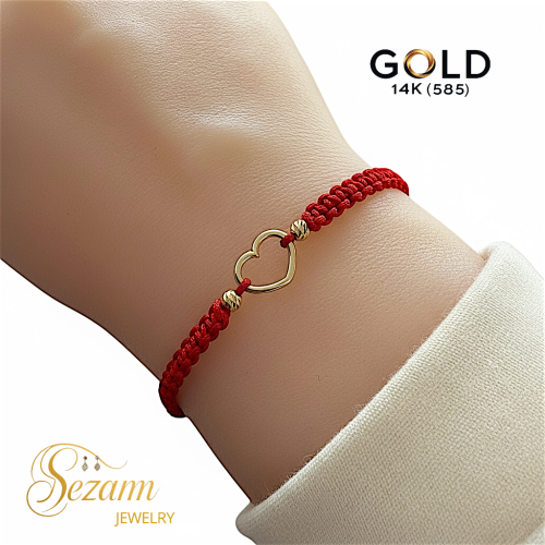 Гривна с червен конец и златно сърце 14K (585) | Sezam Jewelry