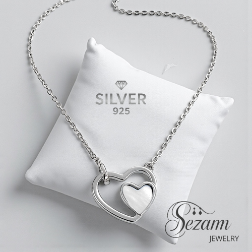 сребърен комплект 925  – колие и обеци сърце и седеф