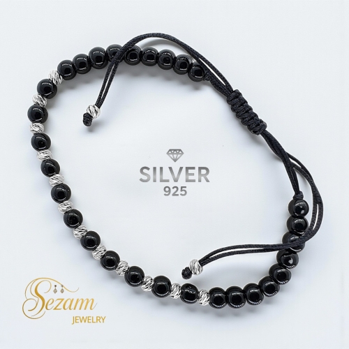 Гривна с черни камъни и Сребро 925 (4 мм)