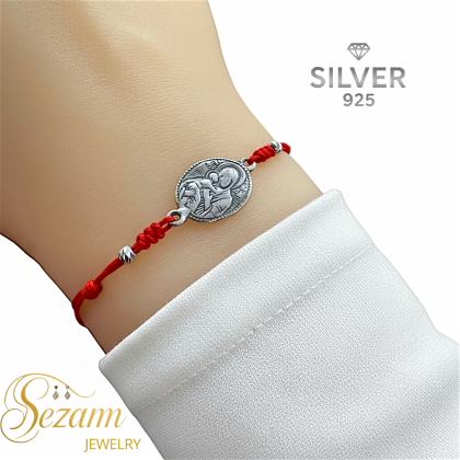  сребърна гривна с Богородица 925 червен конец - подарък с послание