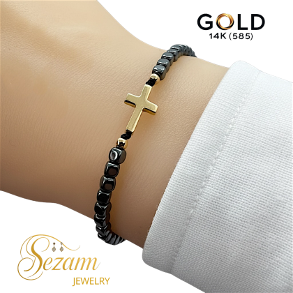 Гривна с хематит 6×4 мм и златен кръст 14К