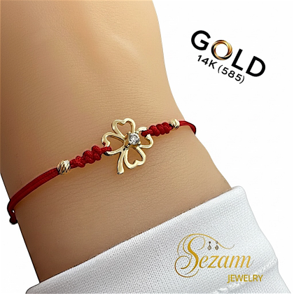 Гривна с червен конец и златна детелина 10 мм с цирконии 14К (585)