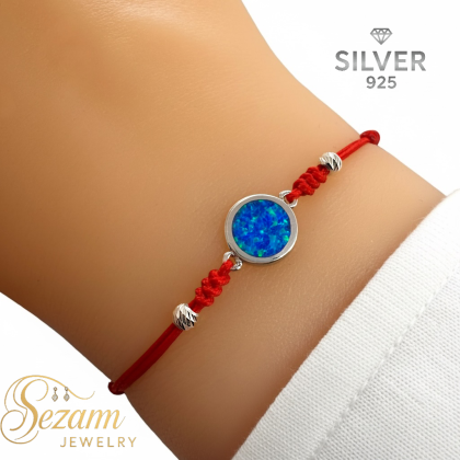 дамска червена макраме гривна със син опал и сребро 925