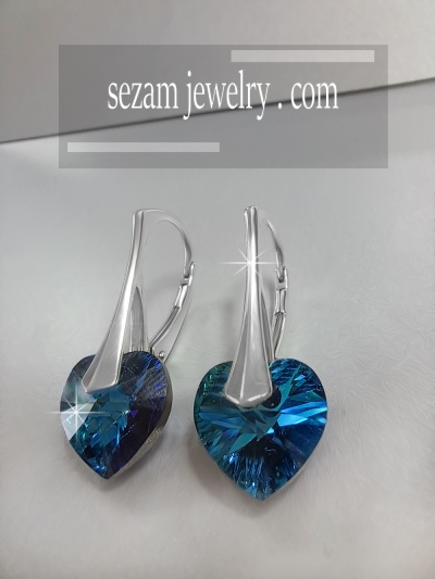 сребърни обеци с  кристал SWAROVSKI  LOVE, BLUE /тъмно син/