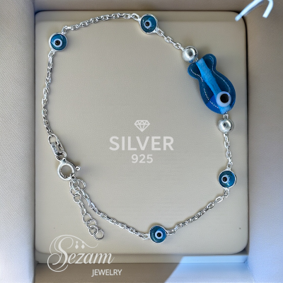 Сребърна гривна с око против уроки и синя рибка – Sezam Jewelry, Silver 925