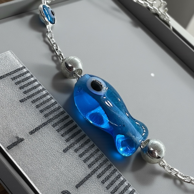 Сребърна гривна с око против уроки и синя рибка – Sezam Jewelry, Silver 925