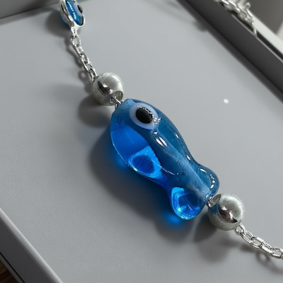Сребърна гривна с око против уроки и синя рибка – Sezam Jewelry, Silver 925