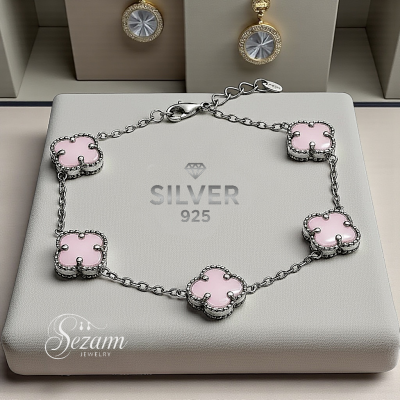 Сребърна гривна с лилави детелини – родиево покритие, Silver 925