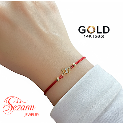 Златна гривна с червен конец и пеперуда 14K – Sezam Jewelry
