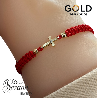 Златна гривна с червен конец и кръсче с камък  14K – Sezam Jewelry