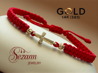 Златна гривна с червен конец и кръсче с камък  14K – Sezam Jewelry