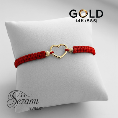 Гривна с червен конец и златно сърце 14K (585) | Sezam Jewelry