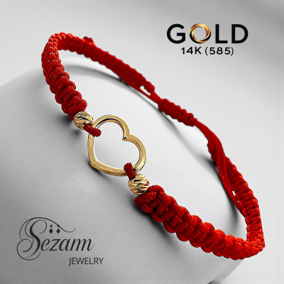 Гривна с червен конец и златно сърце 14K (585) | Sezam Jewelry