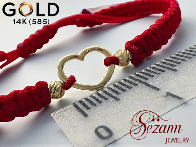 Гривна с червен конец и златно сърце 14K (585) | Sezam Jewelry