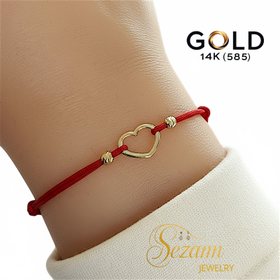 Гривна с червен конец и златно сърце 14K (585) | Sezam Jewelry