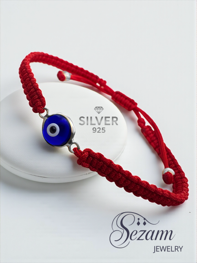 Сребърна гривна Червен Конец със Синьо Око – Регулируема, Ръчна Изработка