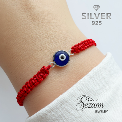 Сребърна гривна Червен Конец със Синьо Око – Регулируема, Ръчна Изработка
