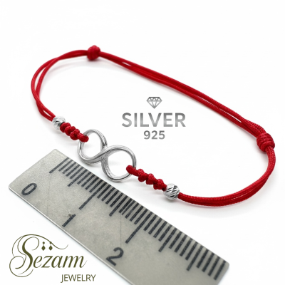 Сребърна гривна конец с безкрайност – червен конец, сребро 925
