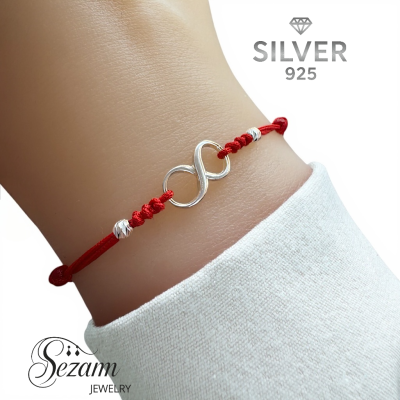 Сребърна гривна конец с безкрайност – червен конец, сребро 925