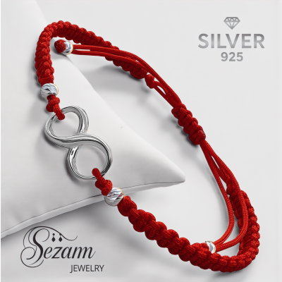 Сребърна гривна конец с безкрайност – червен конец, сребро 925