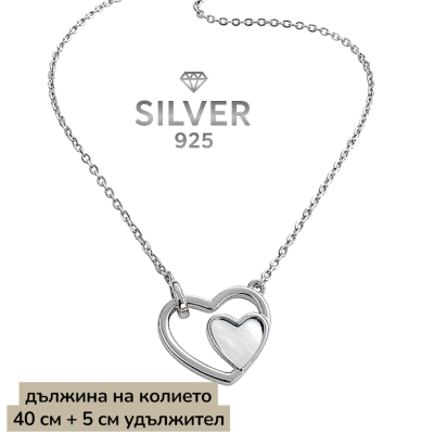 сребърен комплект 925  – колие и обеци сърце и седеф