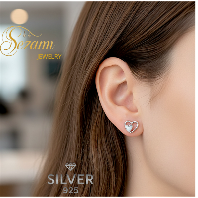 сребърен комплект 925  – колие и обеци сърце и седеф