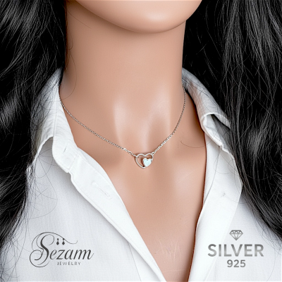 сребърен комплект 925  – колие и обеци сърце и седеф