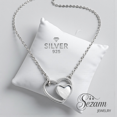 сребърен комплект 925  – колие и обеци сърце и седеф