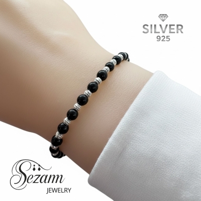 Гривна с черни камъни и Сребро 925 (4 мм)