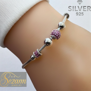 Сребърна гривна 925 със змийска верижка и лилави елементи