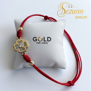 Ръчно плетена гривна със златна детелина с вградено камъче – 14K злато (585)