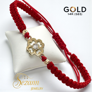 Ръчно плетена гривна със златна детелина с вградено камъче – 14K злато (585)