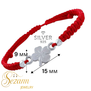 Сребърна гривна с детелина от сребро 925 и червен конец – талисман за късмет