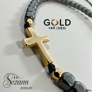 Гривна с хематит 6×4 мм и златен кръст 14К