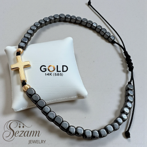 Гривна с хематит 6×4 мм и златен кръст 14К