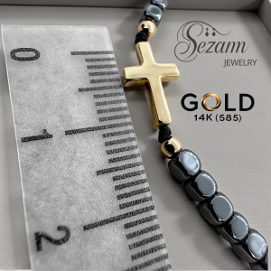 Гривна с хематит 6×4 мм и златен кръст 14К