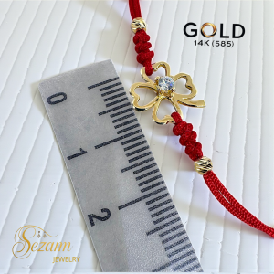 Гривна с червен конец и златна детелина 10 мм с цирконии 14К (585)