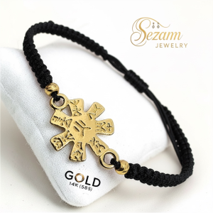 Гривна с Плиска розета от злато 14K и макраме верижка – български символ