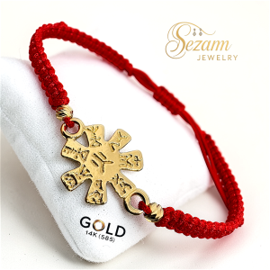 Гривна с Плиска розета от злато 14K и макраме верижка – български символ