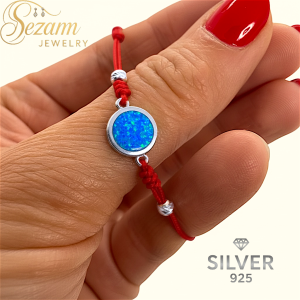 дамска червена макраме гривна със син опал и сребро 925