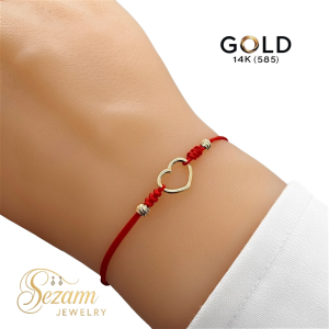 Гривна с червен конец и златно сърце 14K (585) | Sezam Jewelry