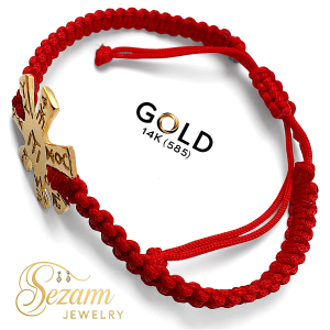 Плетена макраме гривна със златна розета 14K (585) – розета 17 мм, червена или черна