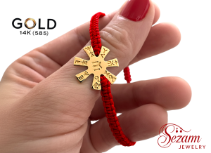 Плетена макраме гривна със златна розета 14K (585) – розета 17 мм, червена или черна