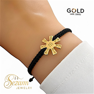 Плетена макраме гривна със златна розета 14K (585) – розета 17 мм, червена или черна