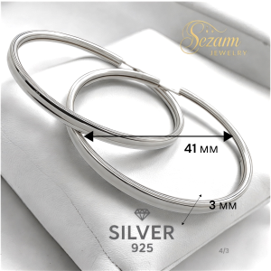 Сребърни обеци халки 925 – 40 мм / 3 мм, дамски модел с квадратна линия